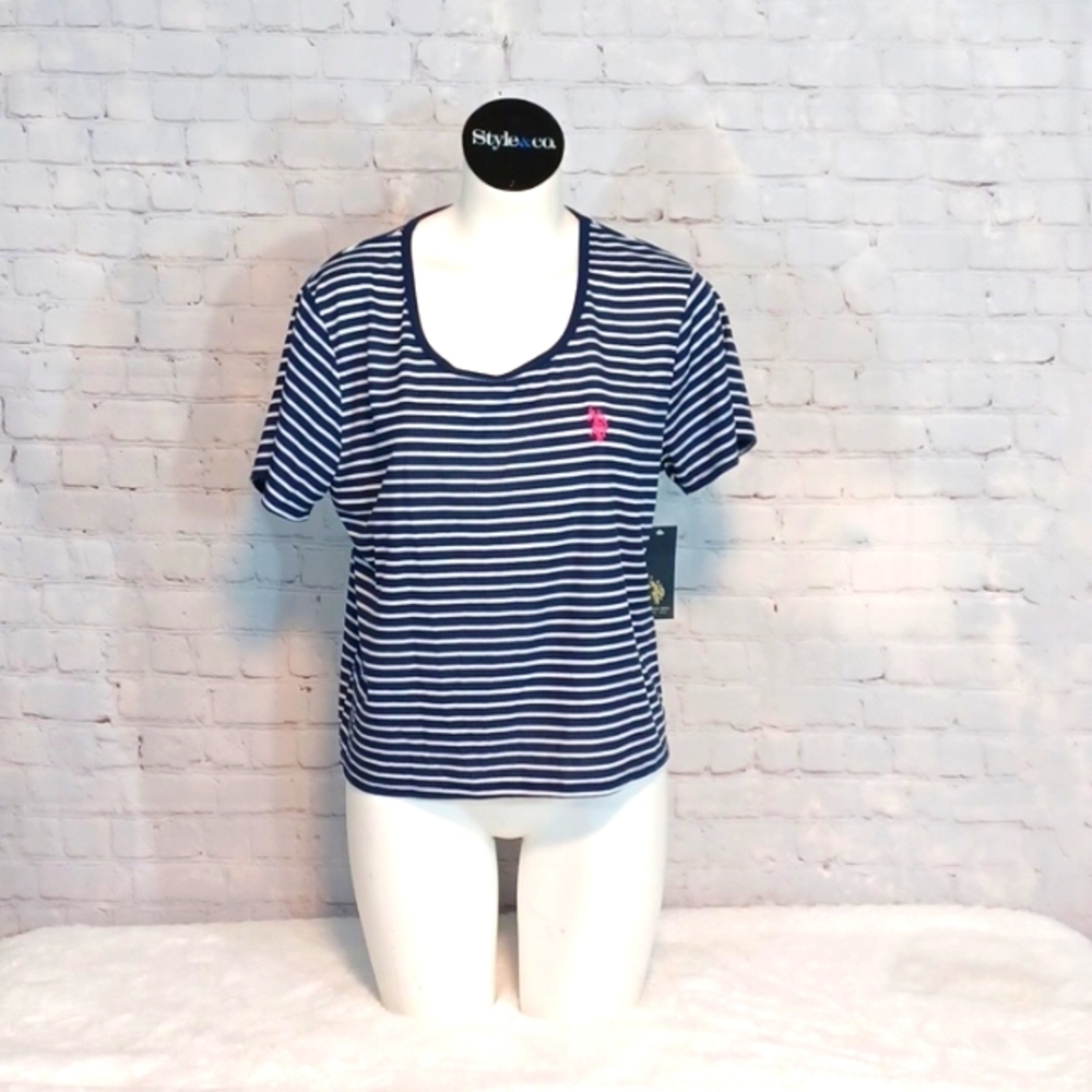 US .Polo Assn. Woman's Blue & W/ Pink Stripe Short Sleeve Crop Top NWT XL